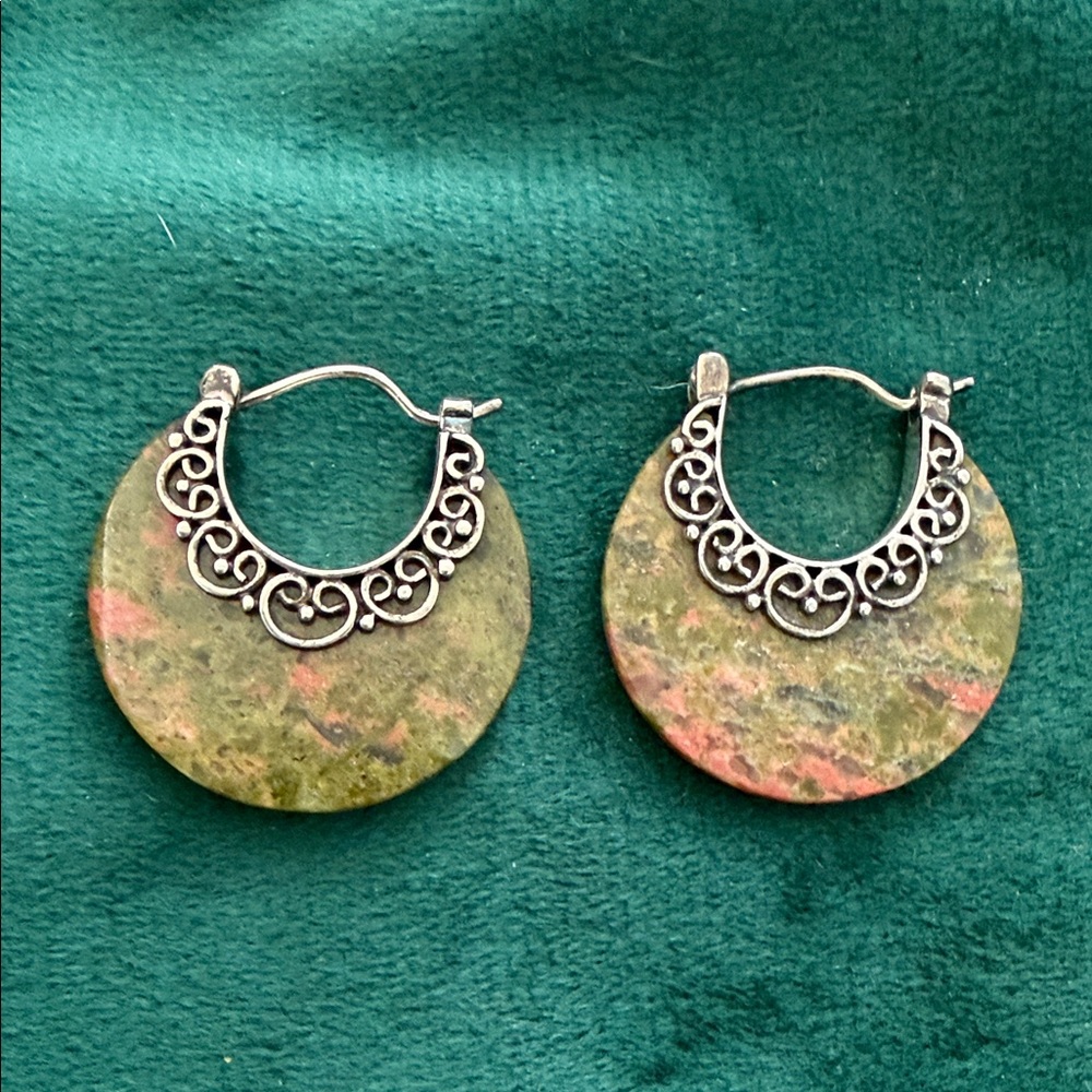Merav Moss Green 925 Silver Hoop Earrings